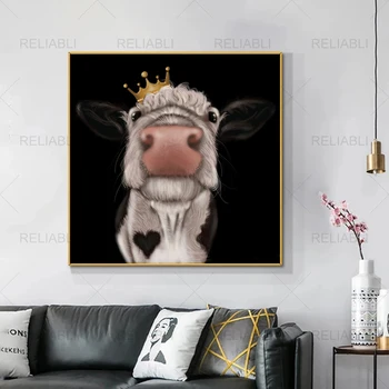 Плакаты с изображением коровы в короне, картины с милыми животными, отпечатки на холсте, современный домашний декор, настенные рисунки для гостиной БЕЗ РАМОК