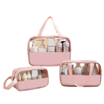 Прозрачная косметичка для макияжа, водонепроницаемая сумка для туалетных принадлежностей из ПВХ, большая вместительная сумка для ванной из искусственной кожи, переносная сумка для хранения