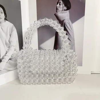 Прозрачные женские сумки с бисером на заказ, лето 2024, Новые французские полые сумки с кристаллами ручной работы, высококачественная маленькая квадратная сумка