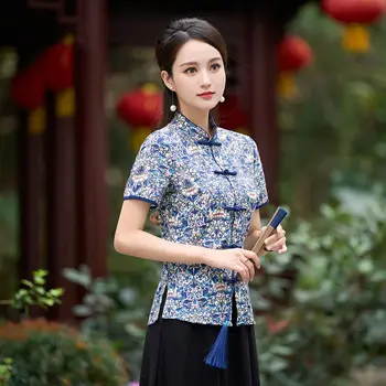 Размер традиционная китайская одежда женские топы 2024 принты хлопок стенд воротник с коротким рукавом Тан костюм рубашка женщина