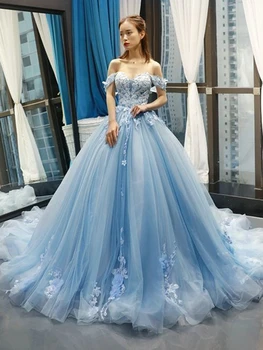 Светло-голубое пышное платье принцессы трапециевидной формы с открытыми плечами, платья для выпускного вечера, кружевная 3D аппликация, сладкие вечерние платья для вечеринок 16