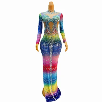 Сексуальное роскошное платье для празднования дня рождения, украшенное разноцветными стразами, прозрачная эластичная сетка из коллекции lanshui