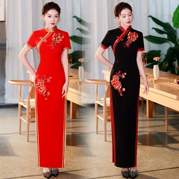 Традиционный китайский Ципао с вышитым Цветком, Длинный Чонсам, Винтажное Классическое Китайское платье с воротником-стойкой, сексуальное облегающее платье