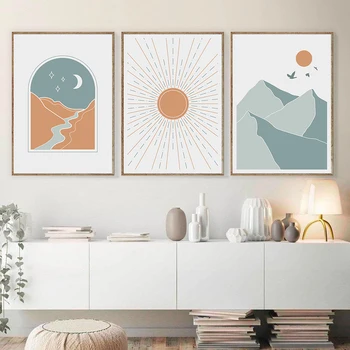 Художественная печать Солнца и Луны Середины века, Абстрактный геометрический плакат на холсте, картины в стиле бохо, Настенные панно для декора гостиной