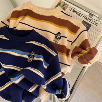 Шерстяной свитер для мальчиков, вязаный крючком, хлопчатобумажное вязание 2023, Привлекательная теплая бархатная зимняя осенняя детская одежда