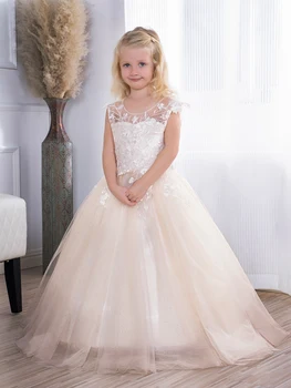 Элегантное платье для девочки в цветочек с кружевной фатиновой юбкой и бантом, свадебное платье принцессы для ребенка, Рождественский подарок для причастия
