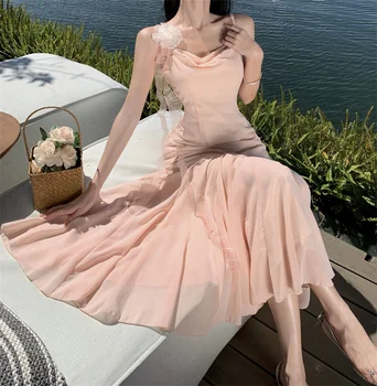 Элегантное розовое платье-батист с открытой спиной для летних женщин с тонкой талией, длинное платье, пляжная юбка