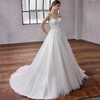 Элегантное свадебное платье без бретелек с аппликацией в виде сердца, Тюлевое платье без рукавов для новобрачных, Трапециевидное, длиной до пола, с открытой спиной, халат