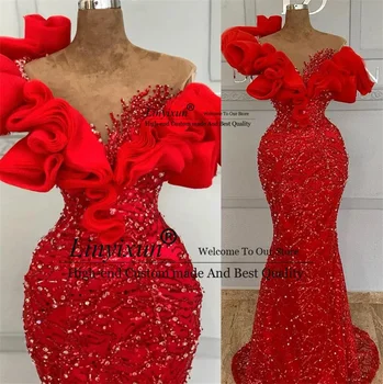 Элегантные Арабские Платья Выпускного вечера Aso Ebi Red Mermaid С Прозрачным Вырезом, Блестящие Вечерние Платья С Открытыми Плечами, Платье Для Вечеринки в честь Дня Рождения