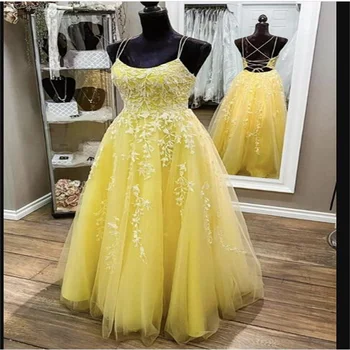Элегантные вечерние платья для женщин 2023 г. Молодежное желтое кружевное платье трапециевидной формы с длинными рукавами и аппликациями
