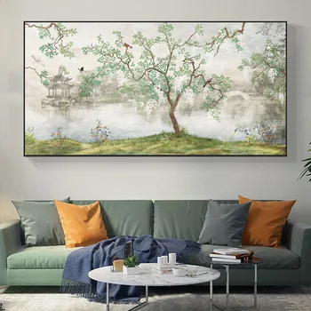 Японские озерные птицы, пейзажи, настенные принты, плакат с зеленым листом дерева, картина на холсте с пейзажем в стиле Шинуазри, картина в стиле Шинуазри