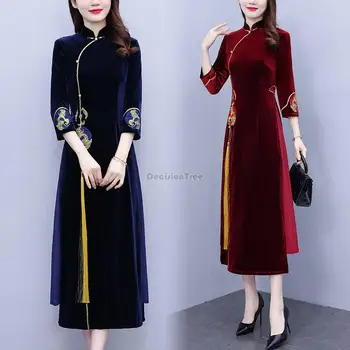 2023 осенне-зимнее китайское элегантное винтажное платье-чонсам с вышивкой, элегантное бархатное длинное платье ципао с коротким рукавом для вечеринки s853