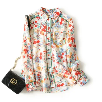 Birdsky, 1ШТ. Женские офисные рубашки, блузка, топ-рубашка из 100% натурального шелка тутового цвета с цветочным принтом. S-471