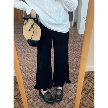 QWEEK Черные винтажные замшевые брюки для женщин из флиса Old Money Корейская мода Свободные повседневные прямые брюки с высокой талией Новинка зимы