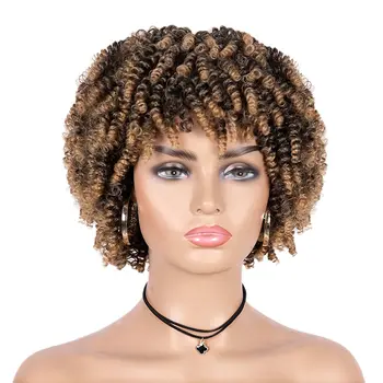 Unonet Короткие кудрявые Афро парики с челкой для женщин Кудрявый синтетический парик для черных женщин Кудрявые парики с вьющимися волосами