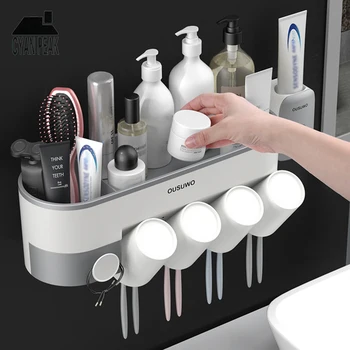 Автоматический держатель зубной щетки с чашками Дозатор зубной пасты, Соковыжималка для зубной пасты, Настенный стеллаж для хранения, Набор аксессуаров для ванной комнаты