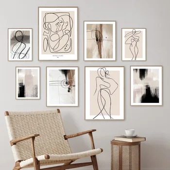 Бежевые плакаты и принты с абстрактной линией женского тела, рисунок линии влюбленных в минималистичном стиле, настенное искусство, холст, живопись, декор для дома в гостиной