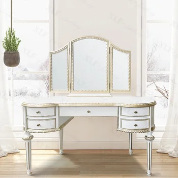 Белый потертый туалетный столик в стиле ретро, зеркало для макияжа с резьбой из массива дерева, табурет для макияжа