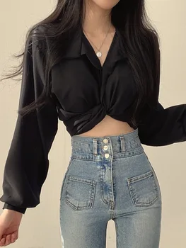 Винтажная уличная одежда Harajuku, сексуальная Женская блузка, укороченный топ, тенденции Корейского стиля, Черно-белая рубашка с длинным рукавом, Шикарная Женская Туника