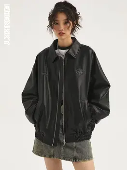 Высококачественные кожаные куртки, женское ретро осеннее свободное бейсбольное пальто из искусственной кожи, женская мотоциклетная повседневная верхняя одежда на молнии с вышивкой для пары