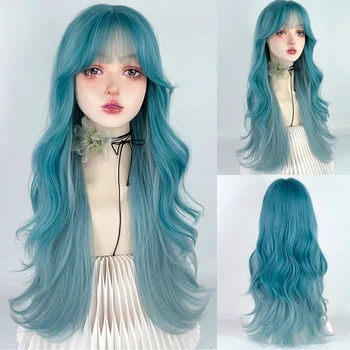 Длинный волнистый сине-зеленый смешанный синтетический парик с челкой для косплея Лолиты из натуральных женских пушистых волос, термостойкий парик для повседневной вечеринки