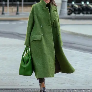 Женское пальто, однотонная утолщенная двубортная верхняя одежда, осень-зима, длинный тренч с отложным воротником, уличная одежда