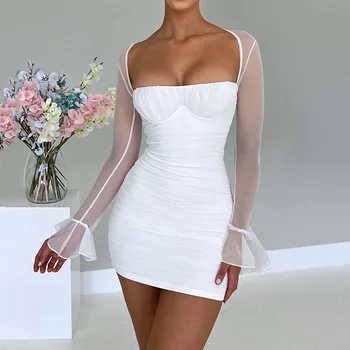 Женское Сексуальное облегающее Белое платье с пышными рукавами Для коктейльной вечеринки, простые и элегантные вечерние мини-платья на День рождения