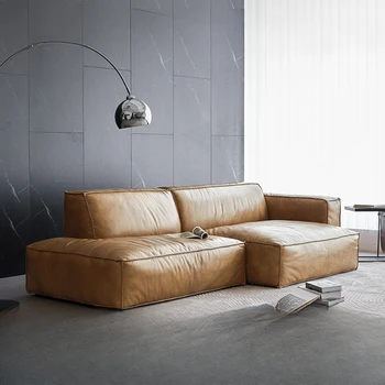 Итальянский минималистичный кожаный диван, дизайнерская мебель для небольшой гостиной, легкая роскошь, современный блок из тофу, диван из хлебной кожи