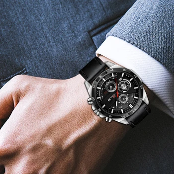 Многофункциональные кварцевые часы в спортивном стиле, модные Кожаные водонепроницаемые наручные часы с шестью иглами 46 мм, полностью Черные Мужские Подарочные коробки
