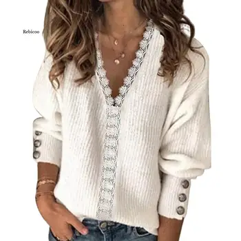 Новейший женский модный свитер, однотонный свитер с длинным рукавом и V-образным вырезом, Кружевной свитер в стиле пэчворк, Женский топ 3XL