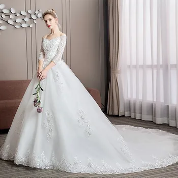 Новый стиль звездного свадебного платья с V-образным вырезом и открытыми плечами 2023, новая невеста, длинный шлейф, белая принцесса мечты, свадьба в три четверти