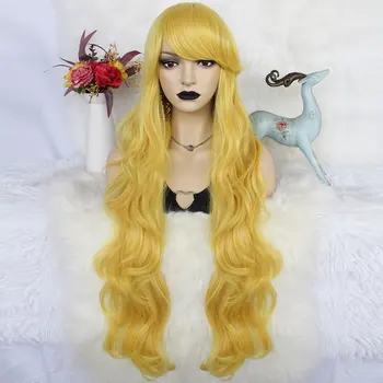 Синтетические волосы длиной 30 дюймов, желтый, свободный, волнистый и сексуальный парик с плоской челкой, подходящий для женских повседневных встреч.