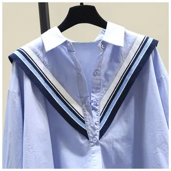 Синяя хлопковая рубашка с длинными рукавами Для женщин, весенне-осенняя новинка, корейская версия, рубашка свободного кроя, повседневный топ в полоску в стиле пэчворк.