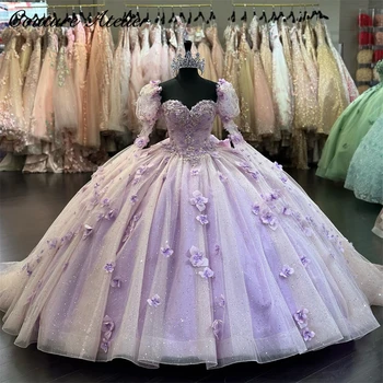 Сиреневое Пышное Бальное платье с 3D Цветами и Длинным Рукавом Quinceanera Dress 2023 Платье Принцессы Sweet 16 Dress vestidos para quinceaneras