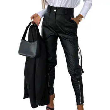 Соблазнительные женские брюки Стильные женские брюки-карандаш из искусственной кожи с высокой талией, приталенный крой, дизайн с несколькими карманами, Шикарный декор на молнии, Высокая высота