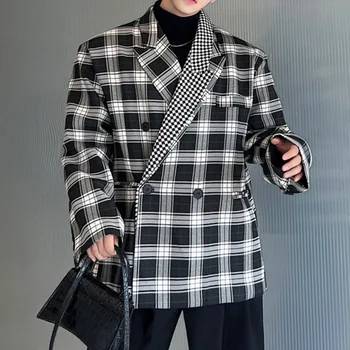 Шикарные мужские повседневные блейзеры с двойным вырезом, клетчатые костюмные пальто, свободная уличная одежда с длинным рукавом, Корейские стильные куртки Оверсайз